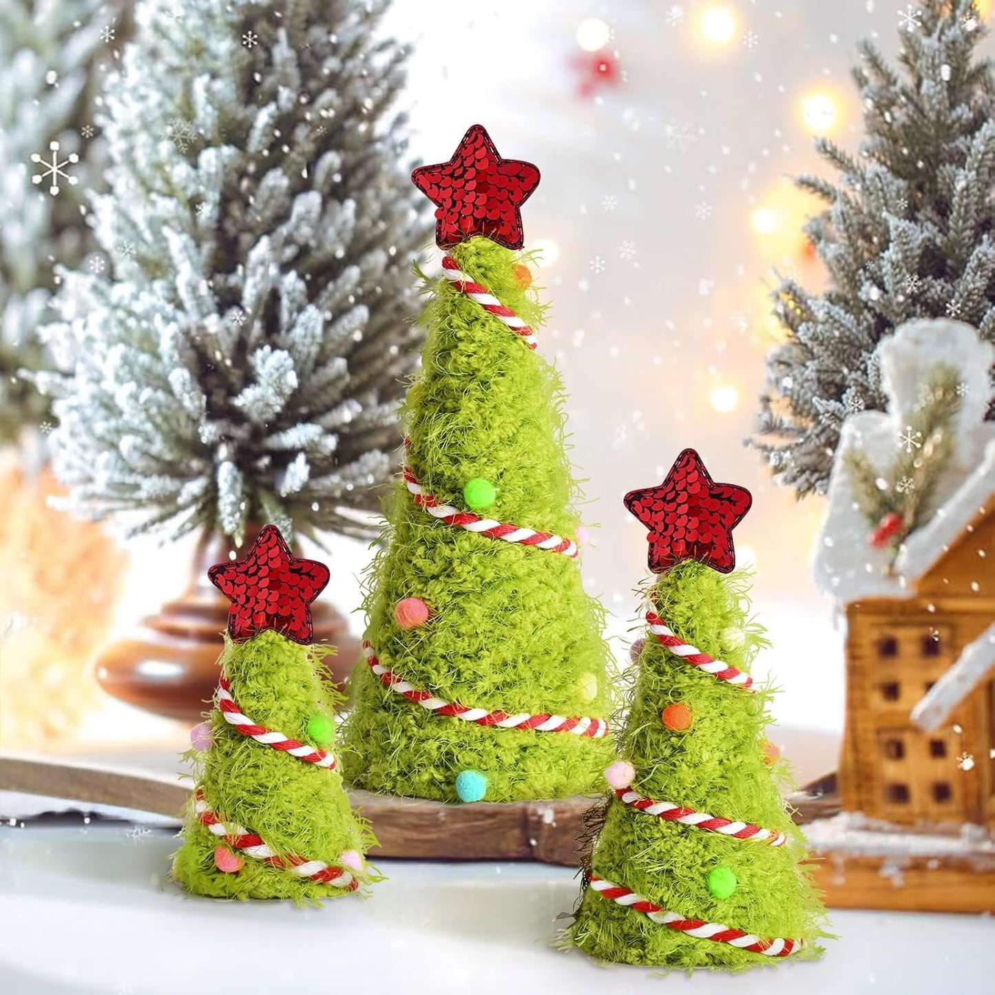 Yastouay 3Pcs Mini Christmas Tree,Lime Green Cristmas Tree,Furry Tabletop Xmas Cone Tree Christmas Decorations