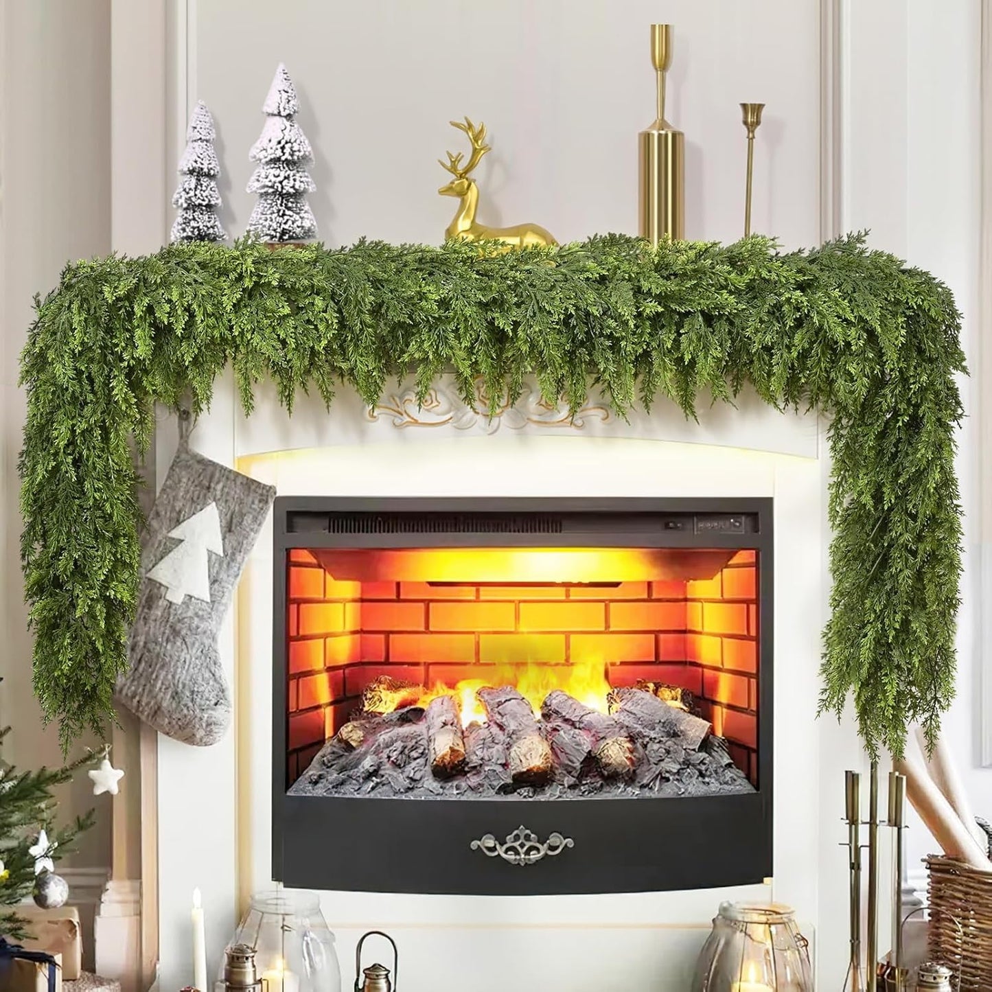 Waipfaru 5.9ft Christmas Cedar Garland with lights,Realistic Artificial Green Faux Cedar Pine Needles Garland for Fireplace Mantel Table Indoor Outdoor Xmas Decoration