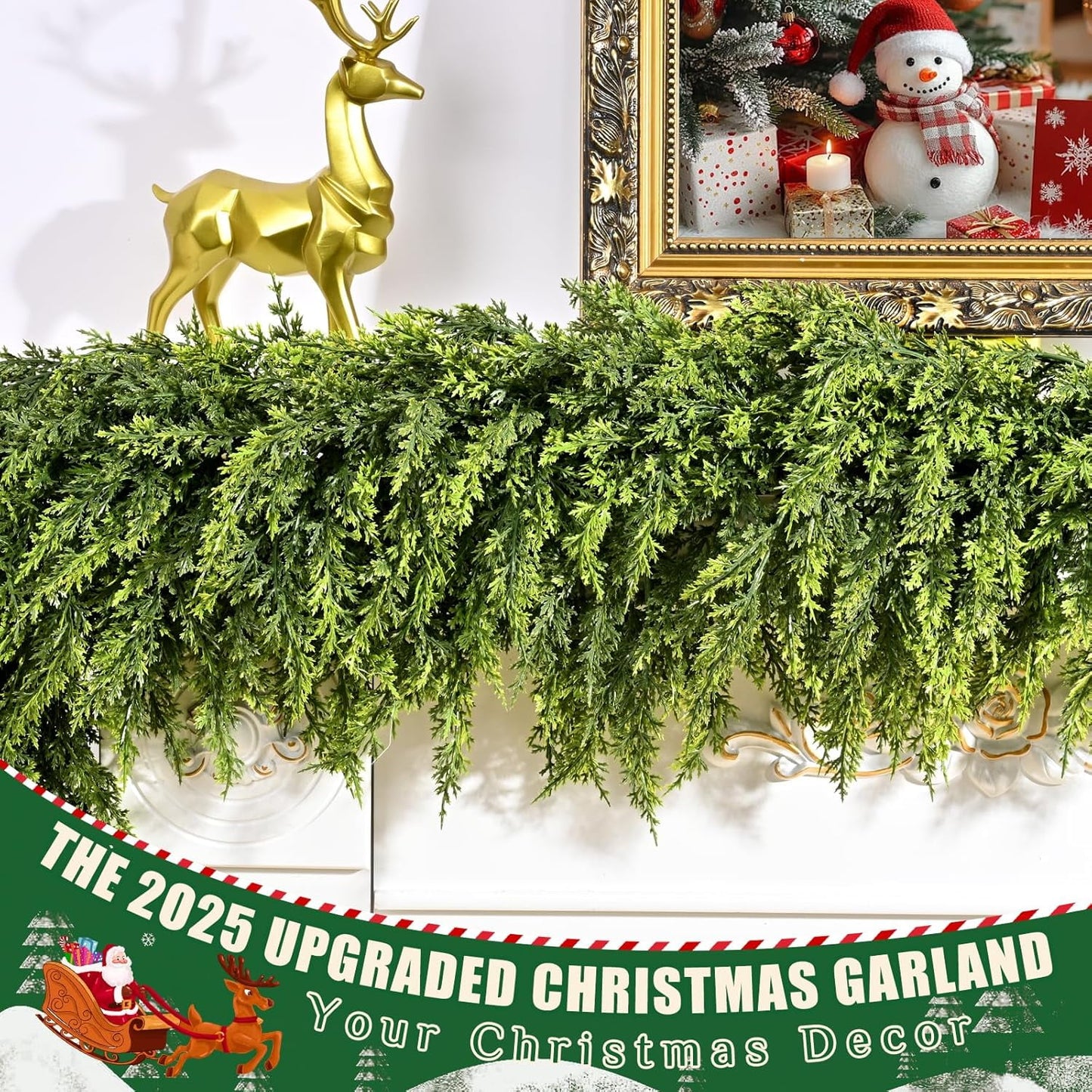 Waipfaru 5.9ft Christmas Cedar Garland with lights,Realistic Artificial Green Faux Cedar Pine Needles Garland for Fireplace Mantel Table Indoor Outdoor Xmas Decoration