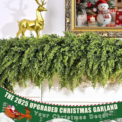 Waipfaru 5.9ft Christmas Cedar Garland with lights,Realistic Artificial Green Faux Cedar Pine Needles Garland for Fireplace Mantel Table Indoor Outdoor Xmas Decoration