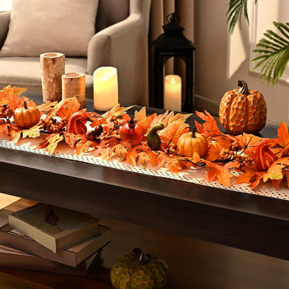 Waipfaru Fall Garland with Lights,6ft Maple Leaf Garland with Pumpkins, Berries&LED Lights,Battery Operated Thanksgiving Garland for Mantel, Fireplace, Tabletop