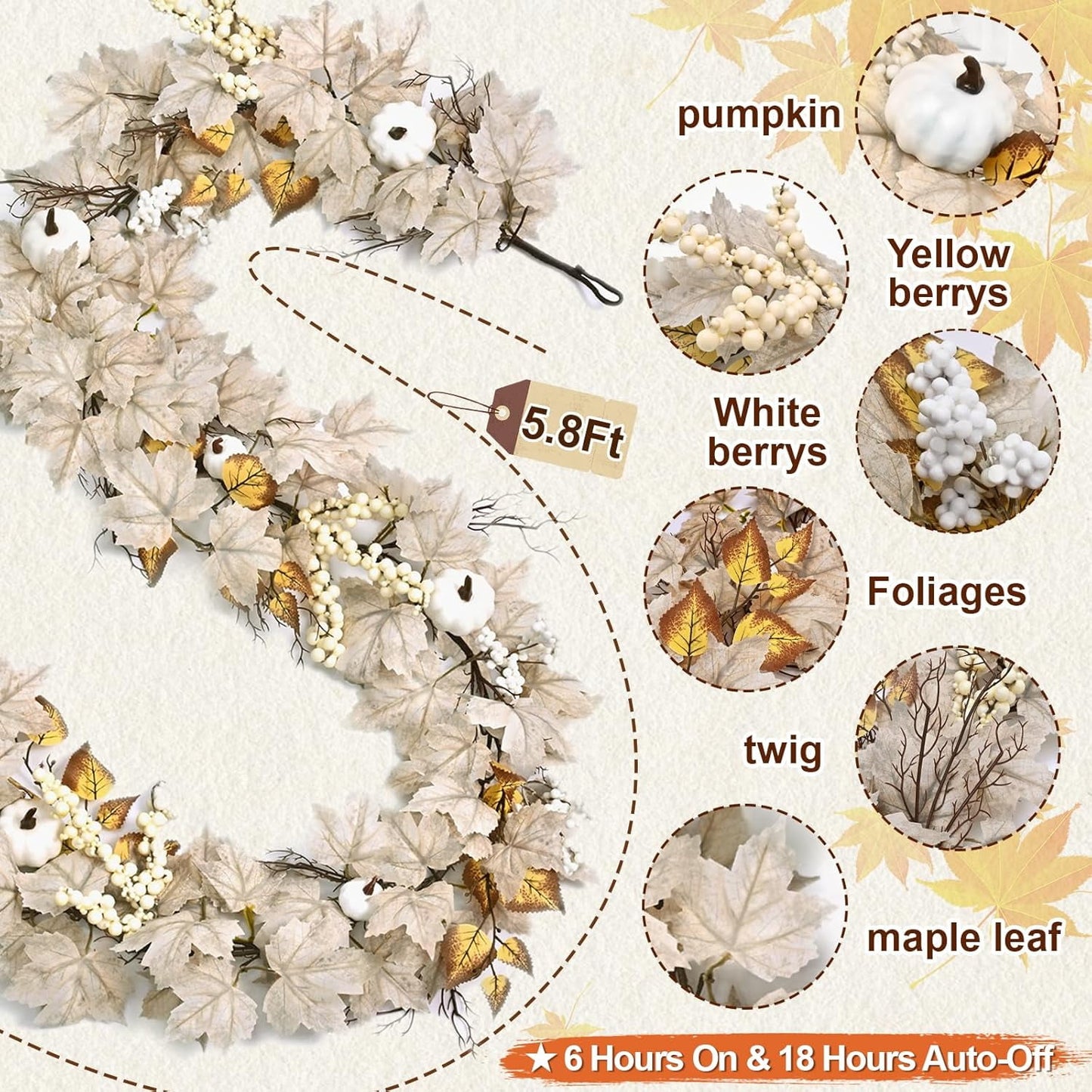 Waipfaru Fall Garland with Lights,5.8ft Maple Leaf Garland with White Pumpkins, Berries&LED Lights,Battery Operated Thanksgiving Garland for Mantel, Fireplace, Tabletop
