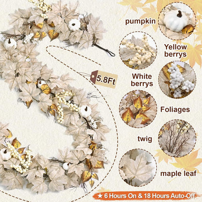 Waipfaru Fall Garland with Lights,5.8ft Maple Leaf Garland with White Pumpkins, Berries&LED Lights,Battery Operated Thanksgiving Garland for Mantel, Fireplace, Tabletop