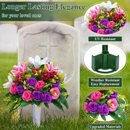 Waipfaru Artificial Cemetery Flowers with Vase,2 Pack Artificial Rose Lily Grave Bouquet,Silk Memorial Flowers for Cemetery Headstones Decoration