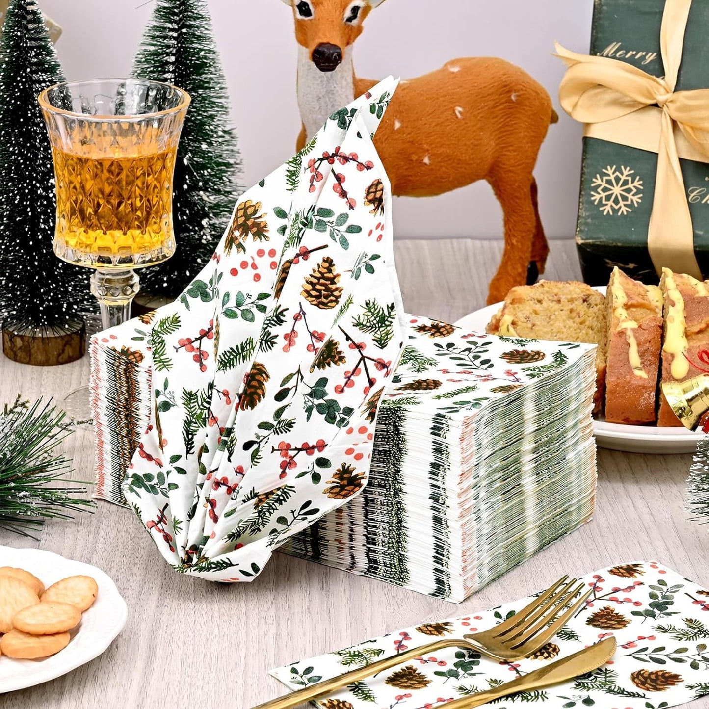 Waipfaru 100 PCS Christmas Paper Napkins 3-Ply Christmas Disposable Paper Hand Towels Pine Cone Napkins for Xmas Winter Holiday