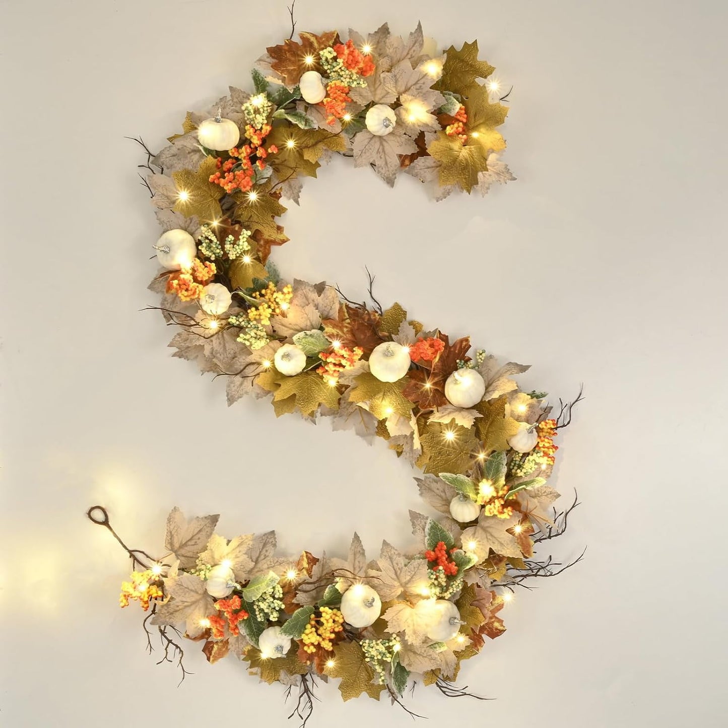 Waipfaru Lighted Fall Garland with Maple Leaves White Pumpkins Berry,6FT Artificial Autumn Fall Decor for Thanksgiving