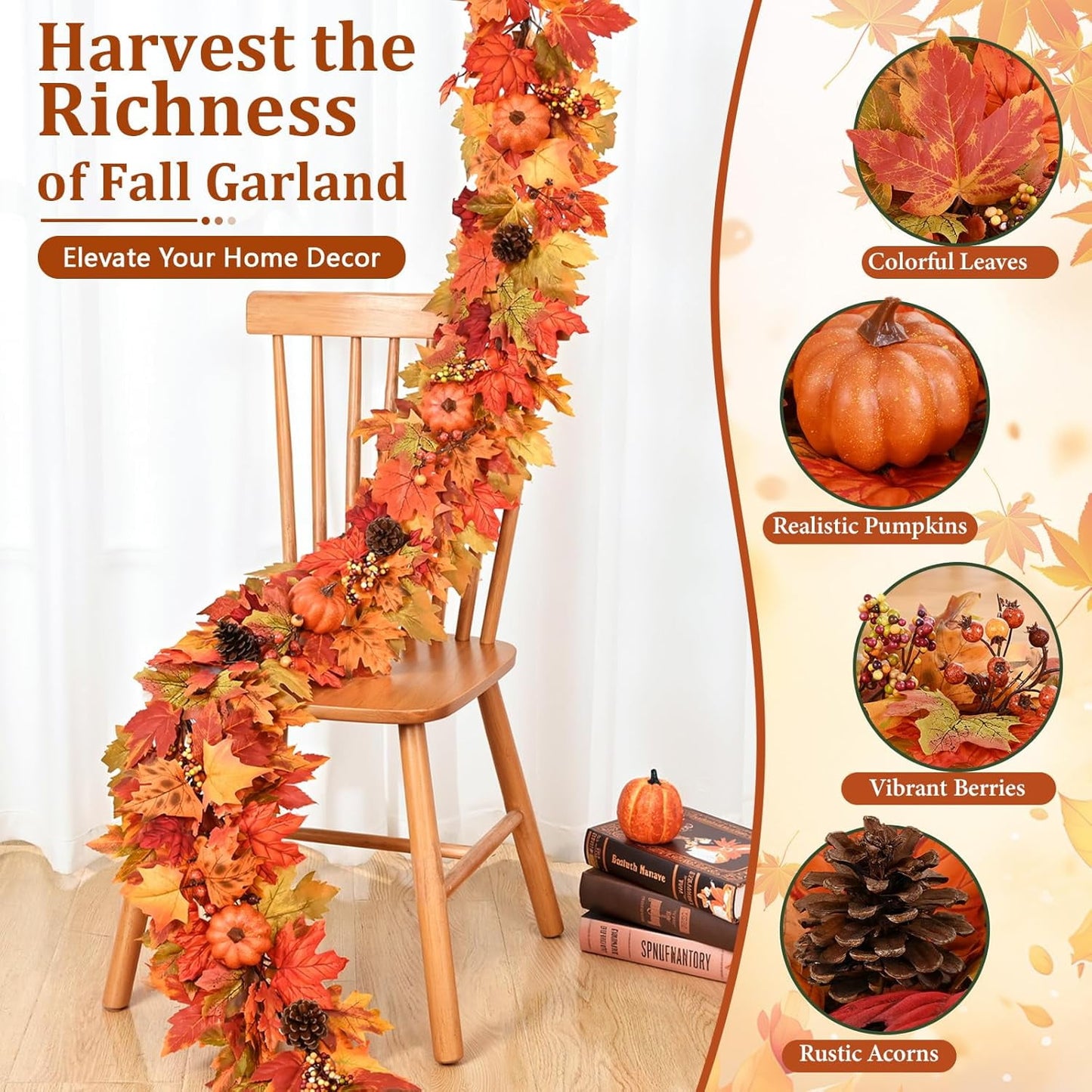 Waipfaru 6ft Fall Garland for Mantle, Lighted Fall Leaves Garland with Pumpkins Maple Leaves Pine Cones for Home Thanksgiving Fall Decoration
