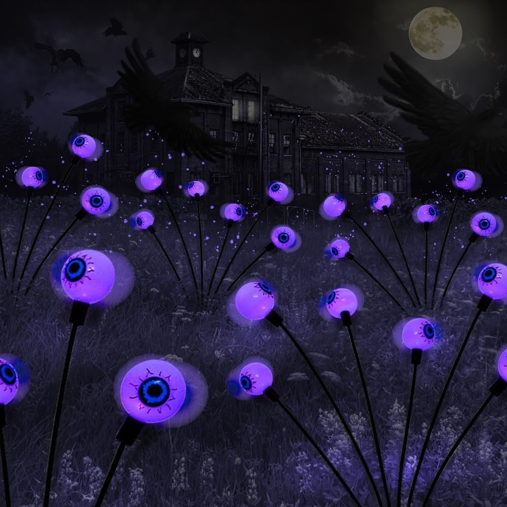 Halloween Decorations Outdoor Solar Scary Eyeball Lights,2PACKS 12LED Green Eyeball Swaying Firefly Lights,Waterproof Solar Halloween Path Lights