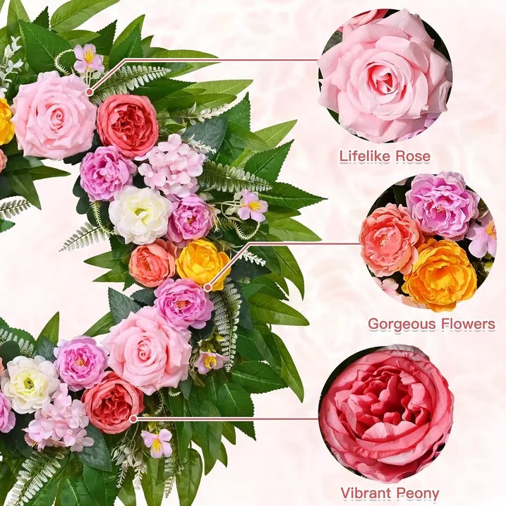 Yastouay 24 Inch Spring Wreath for Front Door, Summer Wreath With Artificial Hydrangeas and Peony for Farmhouse Decor