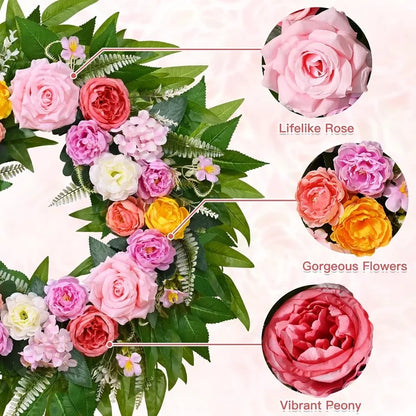 Yastouay 24 Inch Spring Wreath for Front Door, Summer Wreath With Artificial Hydrangeas and Peony for Farmhouse Decor