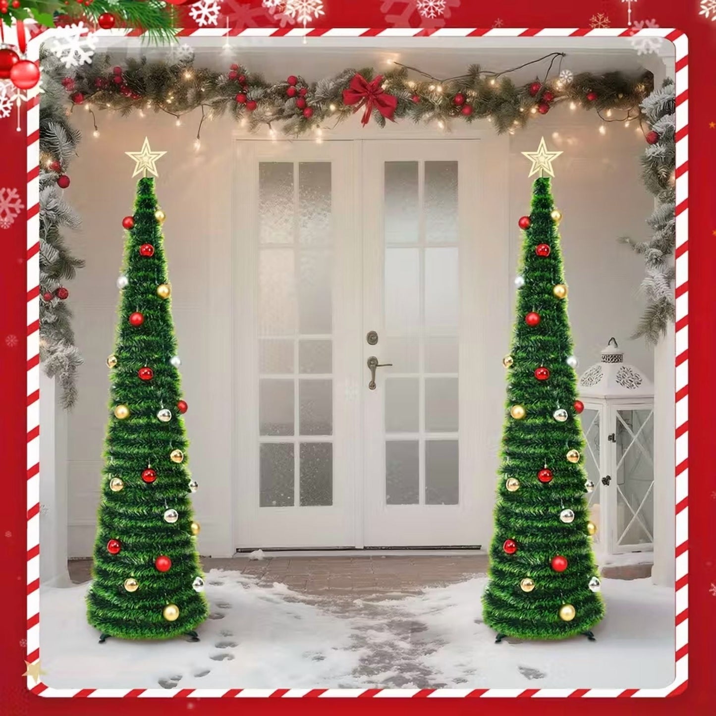 Waipfaru 5ft Pop up Christmas Tree with 3D Star 30 Ball Ornament, Artificial Collapsible Pencil Tinsel Xmas Tree for Christmas Decoration