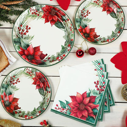 Waipfaru 200 PCS Christmas Paper Plates and Napkins Disposable, Christmas Poinsettia Printed Round Disposable Plates for Christmas Holiday Dinner Birthday Party Supplies