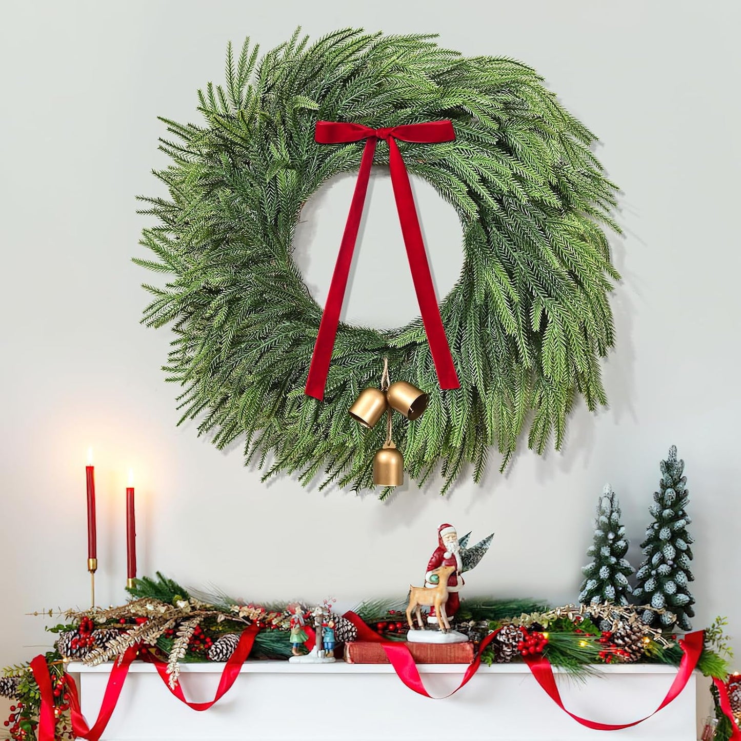 Waipfaru Norfolk Christmas Wreath with Lights,24 inch Pre-lit Artificial Holiday Wreath with Bow & Bells, Battery Operated, Front Door Christmas Decorations Indoor Outdoor