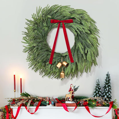 Waipfaru Norfolk Christmas Wreath with Lights,24 inch Pre-lit Artificial Holiday Wreath with Bow & Bells, Battery Operated, Front Door Christmas Decorations Indoor Outdoor
