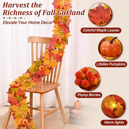 Waipfaru Lighted Fall Garland for Mantle, 6ft Battery Operated Thanksgiving Garland with Timer, Pumpkins,Berries,Autumn Decorations for Fireplace Home