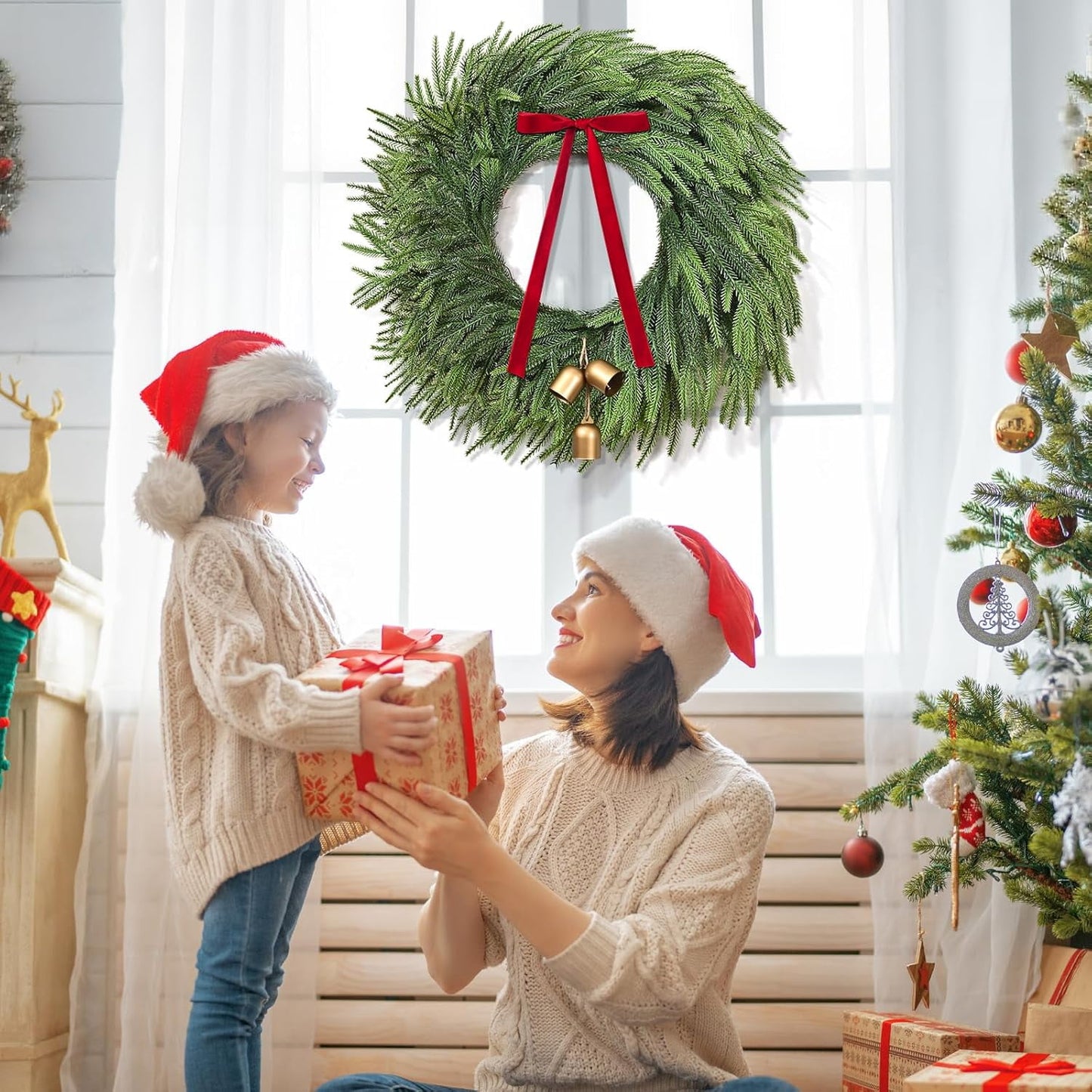 Waipfaru Norfolk Christmas Wreath with Lights,24 inch Pre-lit Artificial Holiday Wreath with Bow & Bells, Battery Operated, Front Door Christmas Decorations Indoor Outdoor