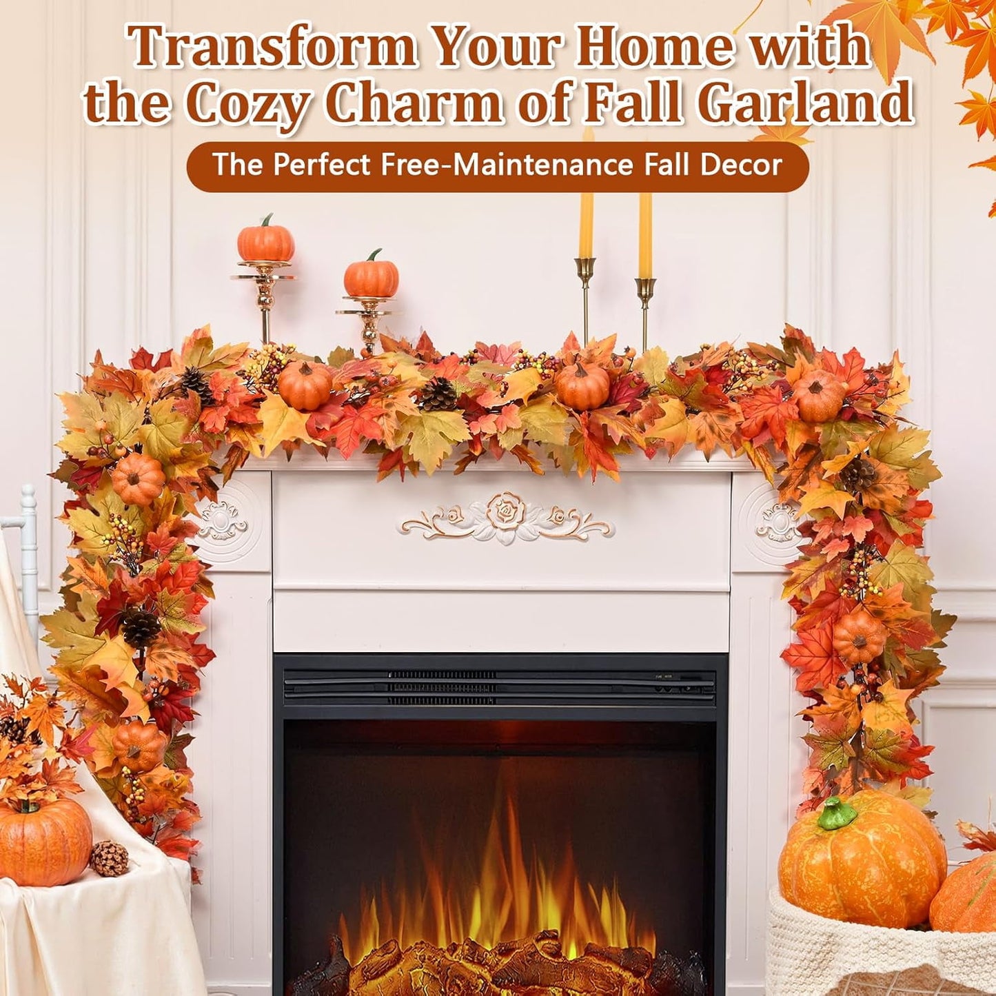 Waipfaru 6ft Fall Garland for Mantle, Lighted Fall Leaves Garland with Pumpkins Maple Leaves Pine Cones for Home Thanksgiving Fall Decoration