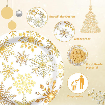 Waipfaru 200 PCS Christmas Party Supplies Disposable Plates Napkins Set,Gold Christmas Tableware Set Dinner Lunch Dessert Appetizer Decoration Xmas Party, Serve 50
