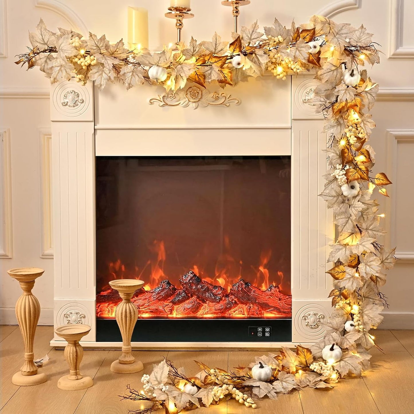 Waipfaru Fall Garland with Lights,5.8ft Maple Leaf Garland with White Pumpkins, Berries&LED Lights,Battery Operated Thanksgiving Garland for Mantel, Fireplace, Tabletop