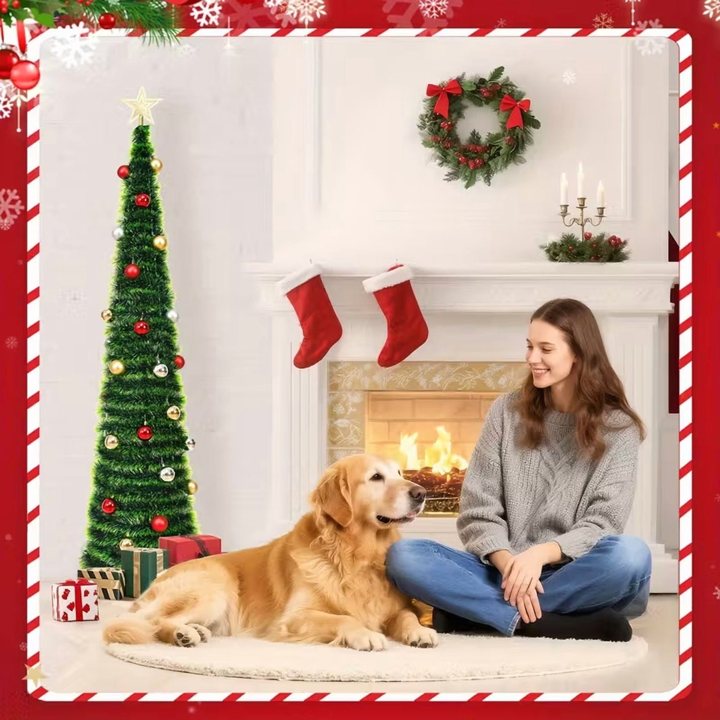 Waipfaru 5ft Pop up Christmas Tree with 3D Star 30 Ball Ornament, Artificial Collapsible Pencil Tinsel Xmas Tree for Christmas Decoration