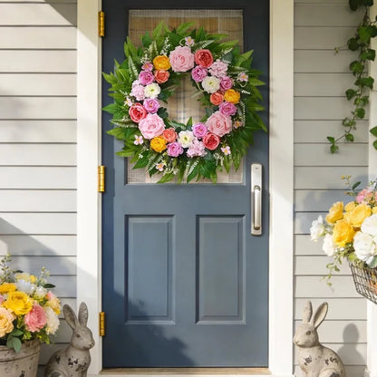 Yastouay 24 Inch Spring Wreath for Front Door, Summer Wreath With Artificial Hydrangeas and Peony for Farmhouse Decor
