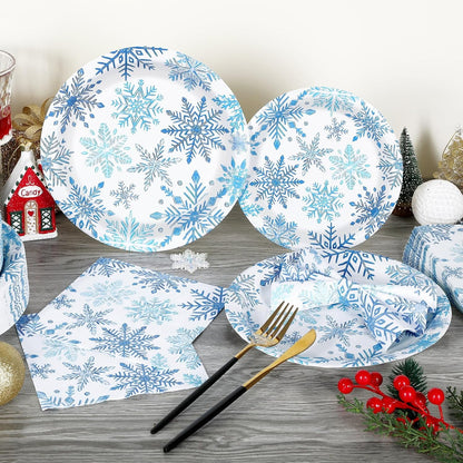 Waipfaru 200 PCS Christmas Party Supplies Disposable Plates Napkins Set,Blue Christmas Tableware Set Dinner Lunch Dessert Appetizer Decoration Xmas Party, Serve 50