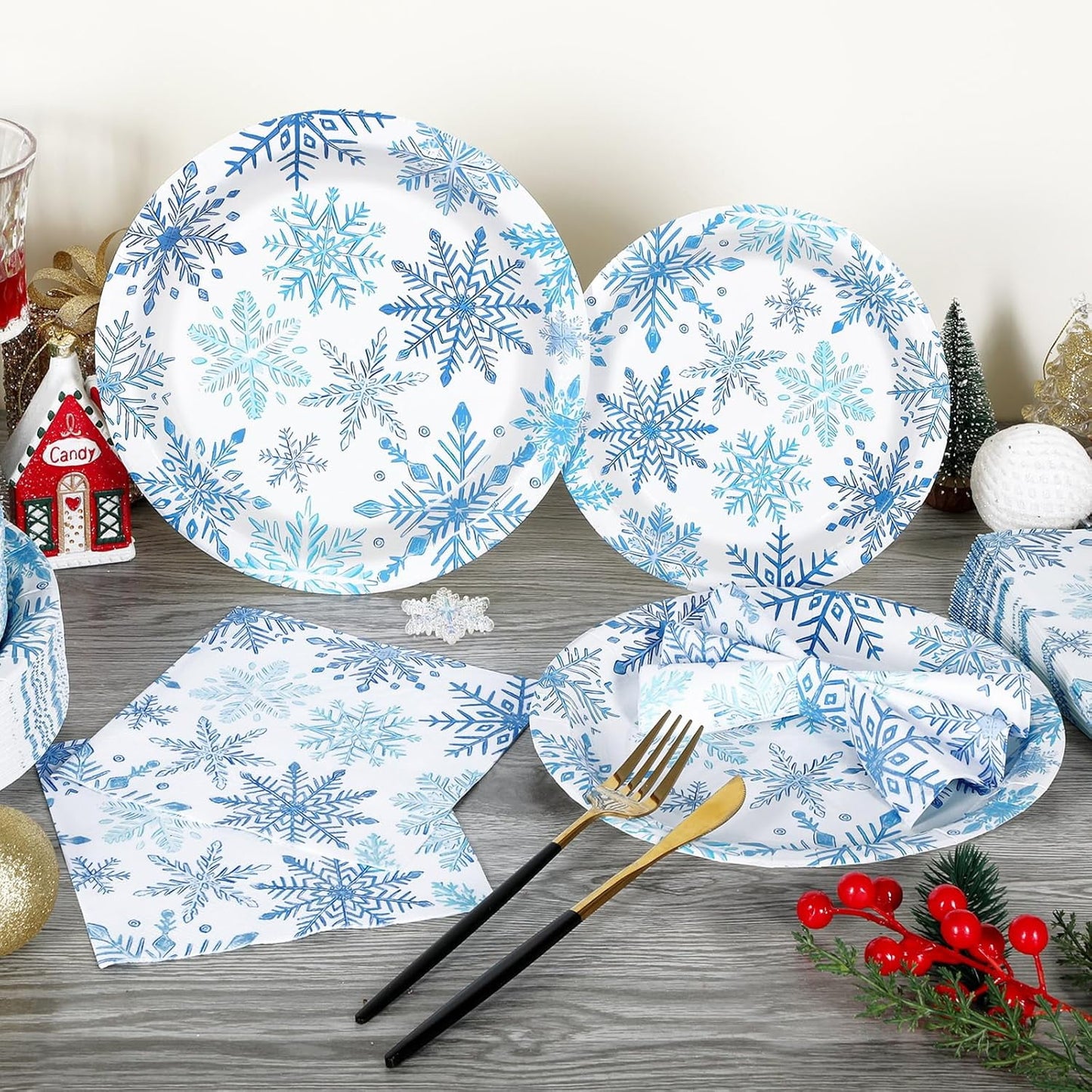 Waipfaru 200 PCS Christmas Party Supplies Disposable Plates Napkins Set,Blue Christmas Tableware Set Dinner Lunch Dessert Appetizer Decoration Xmas Party, Serve 50