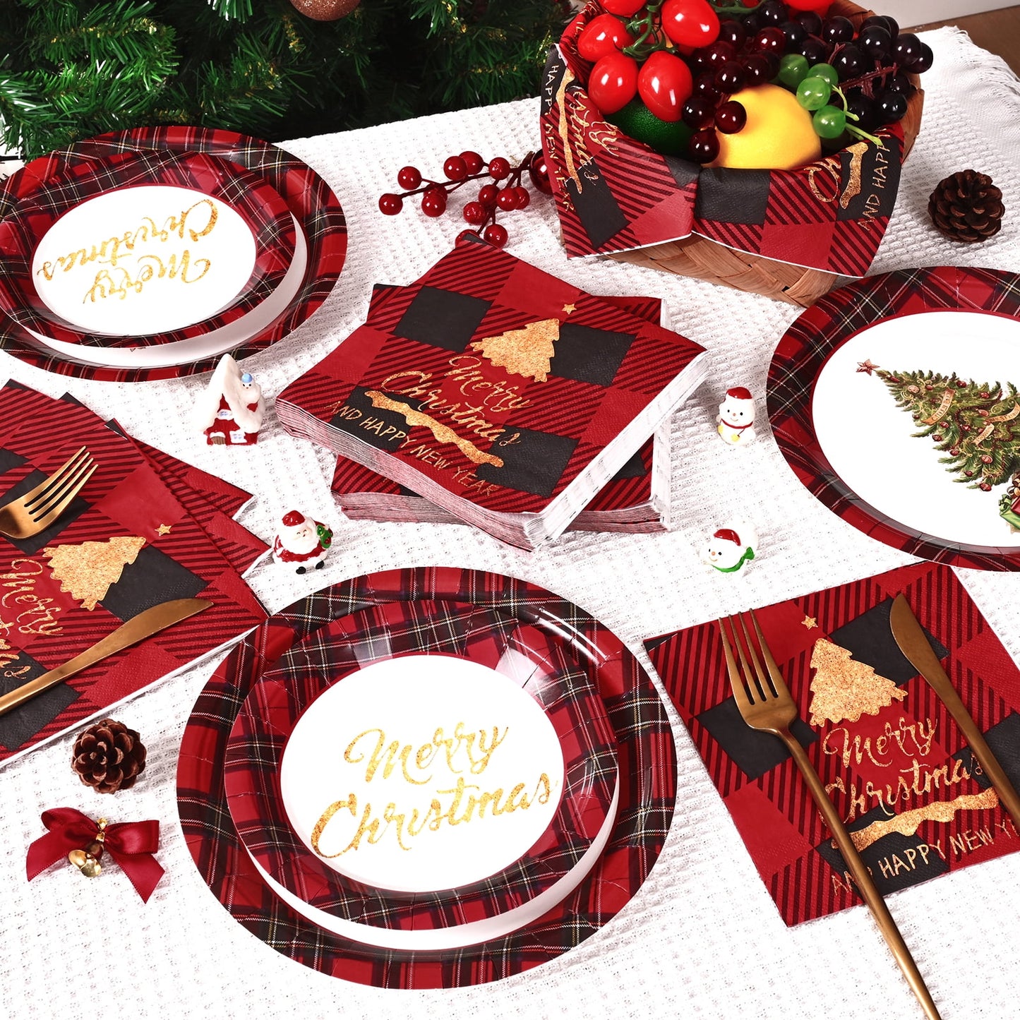 Waipfaru 200 Pcs Merry Christmas Dinnerware Set,Christmas Tree Paper Plates, Napkins & Party Supplies for 50 Guests