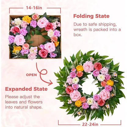 Yastouay 24 Inch Spring Wreath for Front Door, Summer Wreath With Artificial Hydrangeas and Peony for Farmhouse Decor