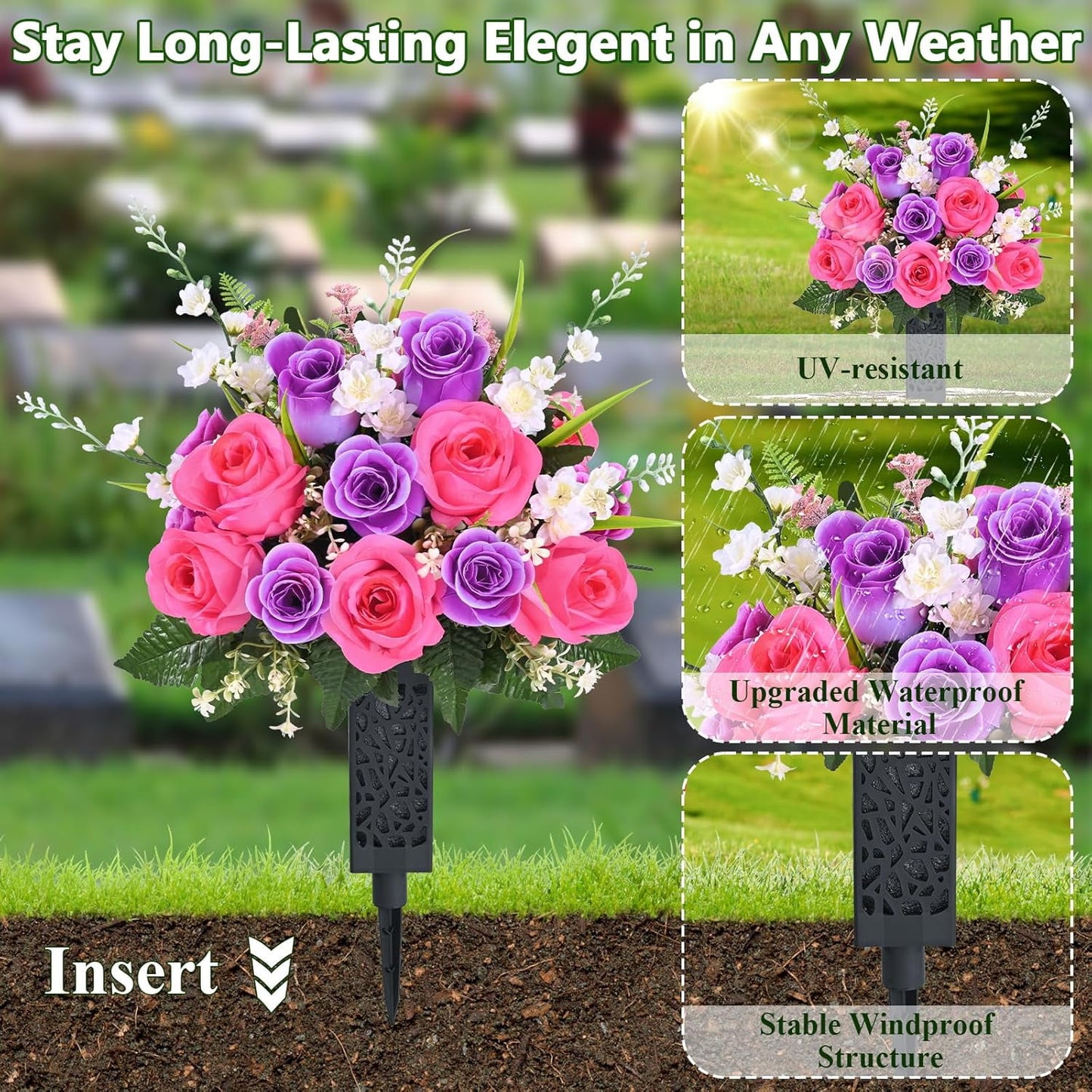 Yastouay Set of 2 Artificial Cemetery Flowers with Vase, Purple Pink Rose Bouquet Memorial Day Flowers for Cemetery Grave