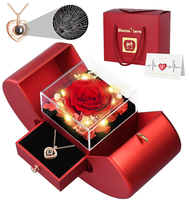 Waipfaru Preserved Flower Real Rose with Heart Necklace, Eternal Flower Gift Box for Mom,Girlfriend,Wife,Grandma on Valentine's Day,Mother's Day,Anniversary