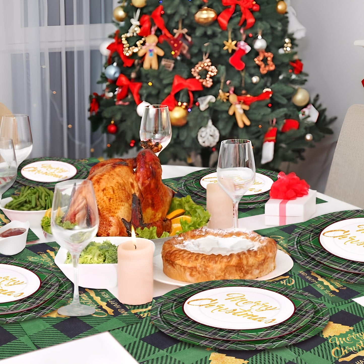 Waipfaru 200 Pcs Merry Christmas Dinnerware Set,Christmas Tree Paper Plates, Napkins & Party Supplies for 50 Guests