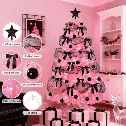 Sevenstars 6FT Pink Christmas Tree With Black Bows,Artificial Christmas Tree (With LED) For Decoration