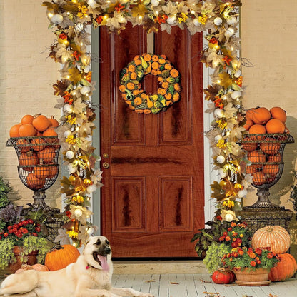 Waipfaru Lighted Fall Garland with Maple Leaves White Pumpkins Berry,6FT Artificial Autumn Fall Decor for Thanksgiving