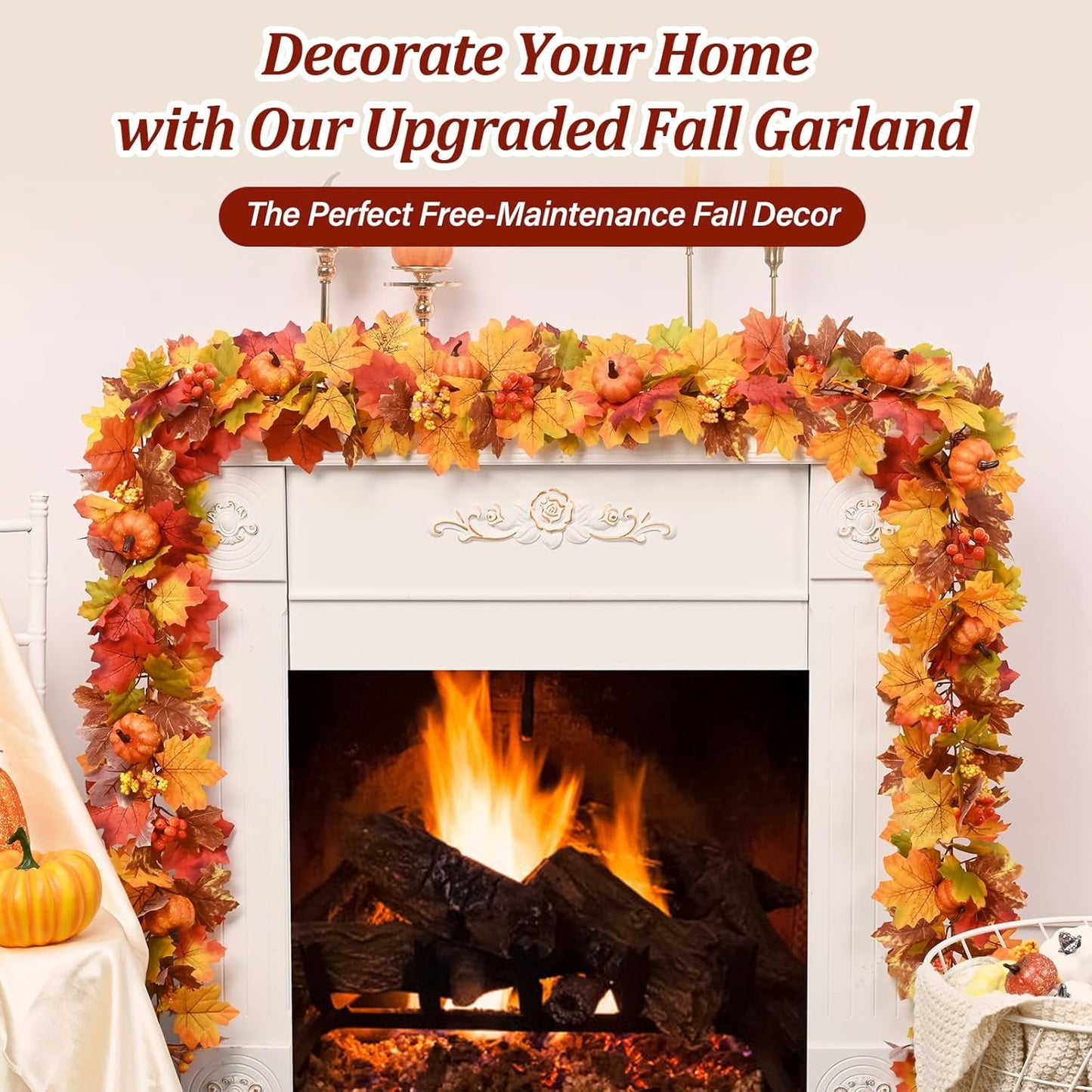 Waipfaru Lighted Fall Garland for Mantle, 6ft Battery Operated Thanksgiving Garland with Timer, Pumpkins,Berries,Autumn Decorations for Fireplace Home