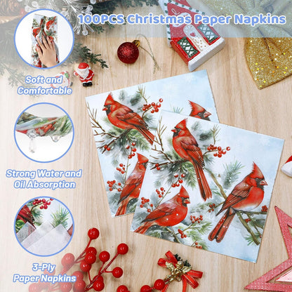 Waipfaru 200 PCS Christmas Paper Plates and Napkins Disposable, Christmas Poinsettia Printed Round Disposable Plates for Christmas Holiday Dinner Birthday Party Supplies