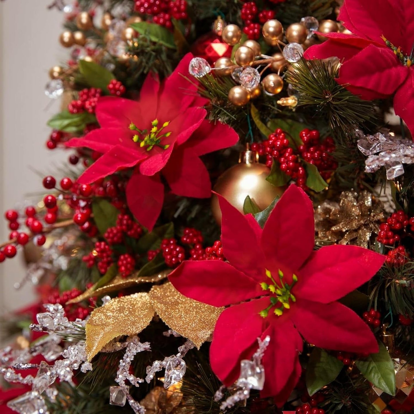 Waipfaru 8pcs Artificial Poinsettia Bushes,14 inch Faux Red Velvet Poinsettia Flowers for Indoor Outdoor Christmas Tree Home Porch Decorations