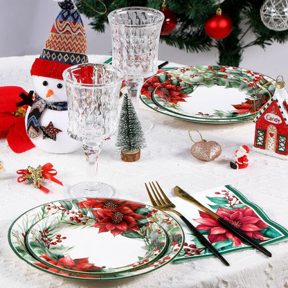 Waipfaru 200 PCS Christmas Paper Plates and Napkins Disposable, Christmas Poinsettia Printed Round Disposable Plates for Christmas Holiday Dinner Birthday Party Supplies