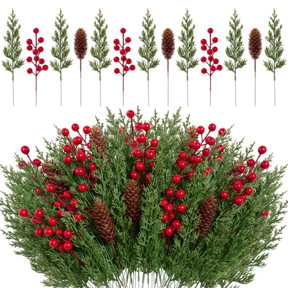 Yastouay 50Pcs Christmas Artificial Pine Stems Indoor with Red Berry&Pinecone Norfolk Pine Cypress Leaves Stems Home Decor
