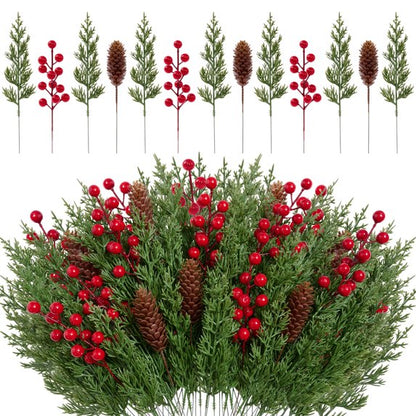 Yastouay 50Pcs Christmas Artificial Pine Stems Indoor with Red Berry&Pinecone Norfolk Pine Cypress Leaves Stems Home Decor