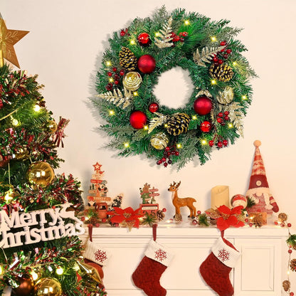 Waipfaru Prelit Christmas Wreath with Lights,16 inch Artificial Holiday Wreath with Red Bow,Battery Operated, Front Door Christmas Decorations Indoor Outdoor