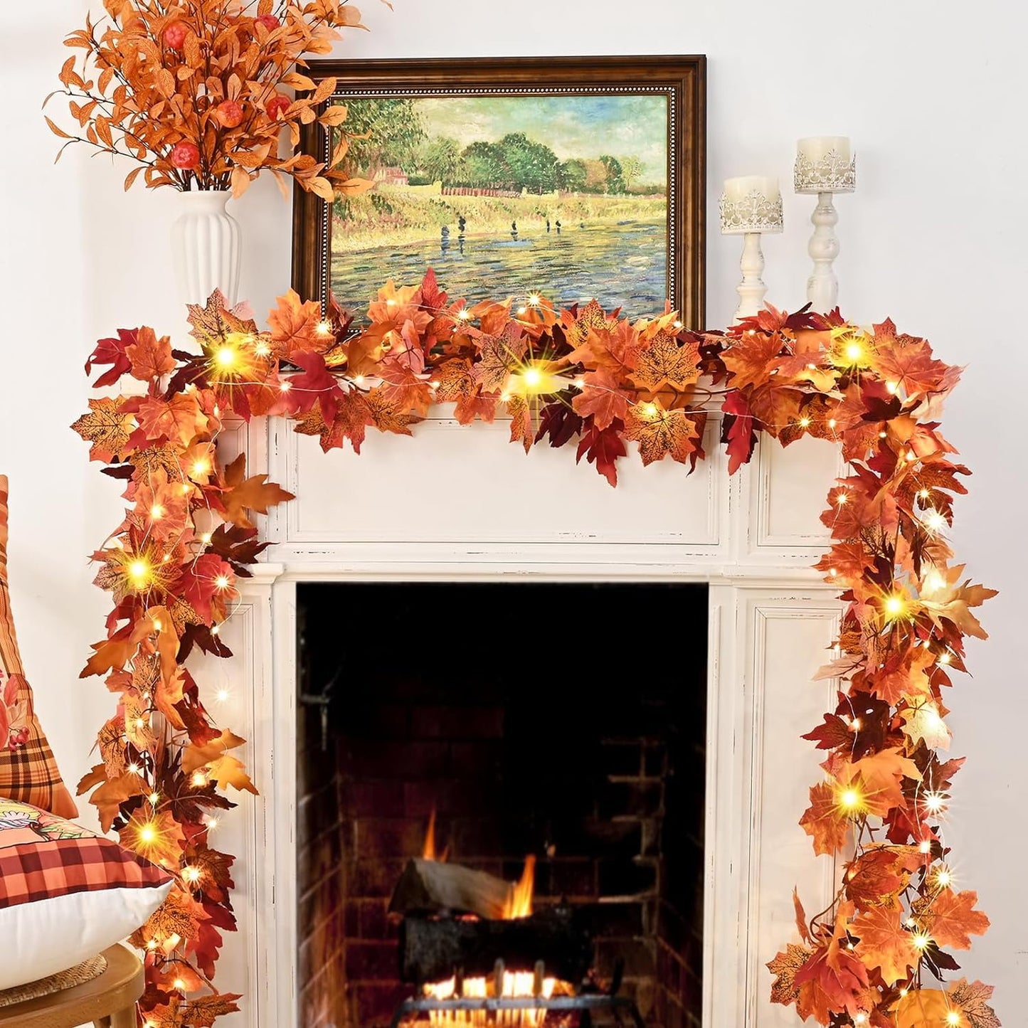 Waipfaru 2 Pack Fall Leaves Garland with Lights - 5.7 ft/Piece Lighted Autumn Leaf Vines Decoration, Artificial Fall Garland for Outdoor Mantle Thanksgiving Decor