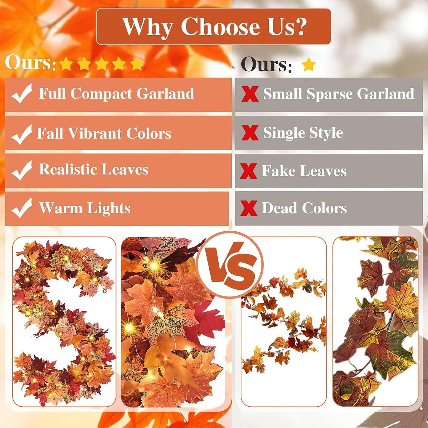 Waipfaru 2 Pack Fall Leaves Garland with Lights - 5.7 ft/Piece Lighted Autumn Leaf Vines Decoration, Artificial Fall Garland for Outdoor Mantle Thanksgiving Decor