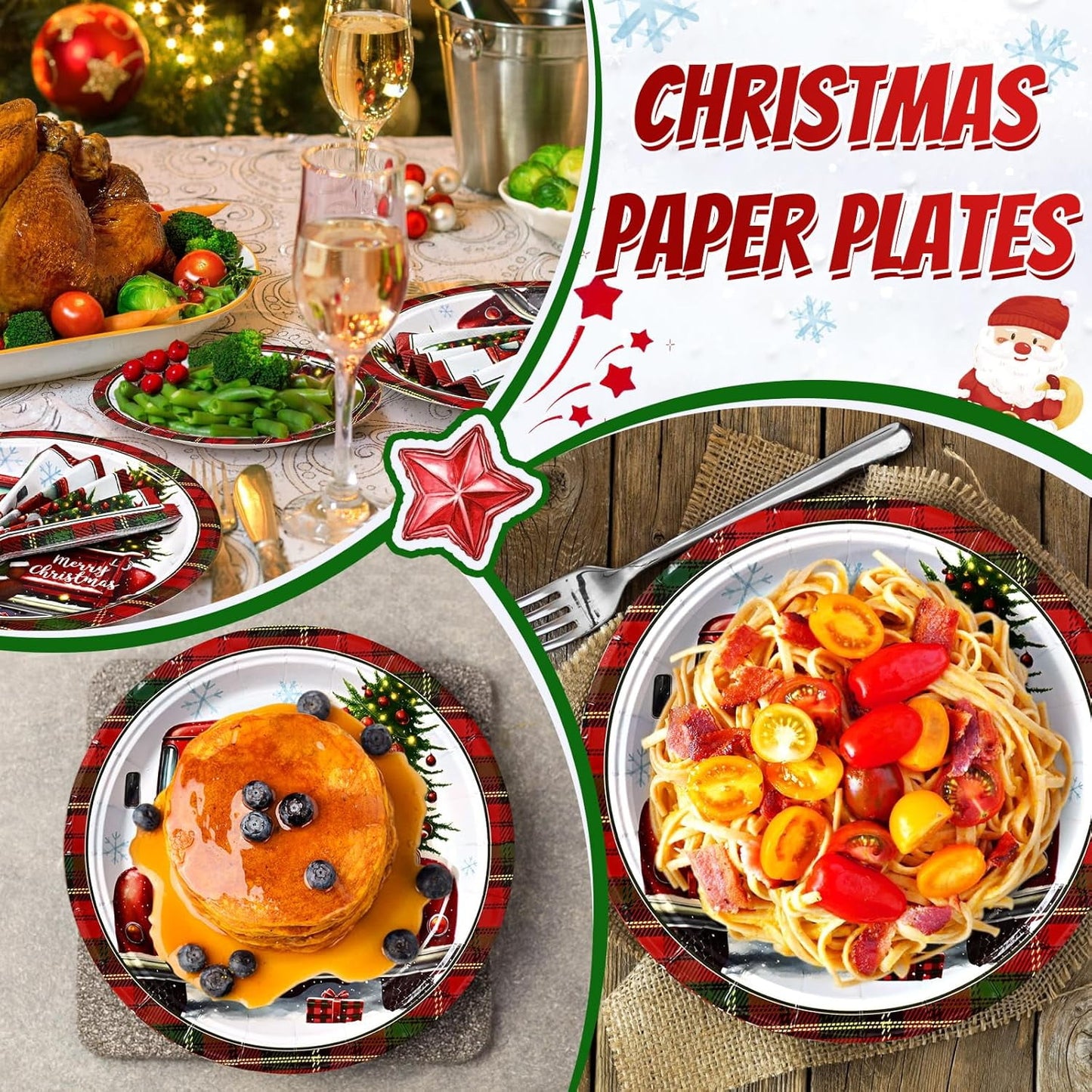Waipfaru 200 PCS Christmas Paper Plates and Napkins Disposable, Christmas Poinsettia Printed Round Disposable Plates for Christmas Holiday Dinner Birthday Party Supplies
