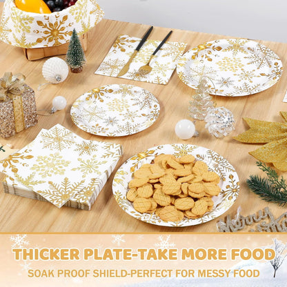 Waipfaru 200 PCS Christmas Party Supplies Disposable Plates Napkins Set,Gold Christmas Tableware Set Dinner Lunch Dessert Appetizer Decoration Xmas Party, Serve 50