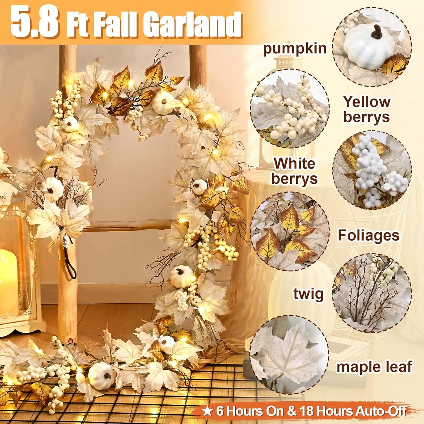 Waipfaru Fall Garland with Lights,5.8ft Maple Leaf Garland with White Pumpkins, Berries&LED Lights,Battery Operated Thanksgiving Garland for Mantel, Fireplace, Tabletop
