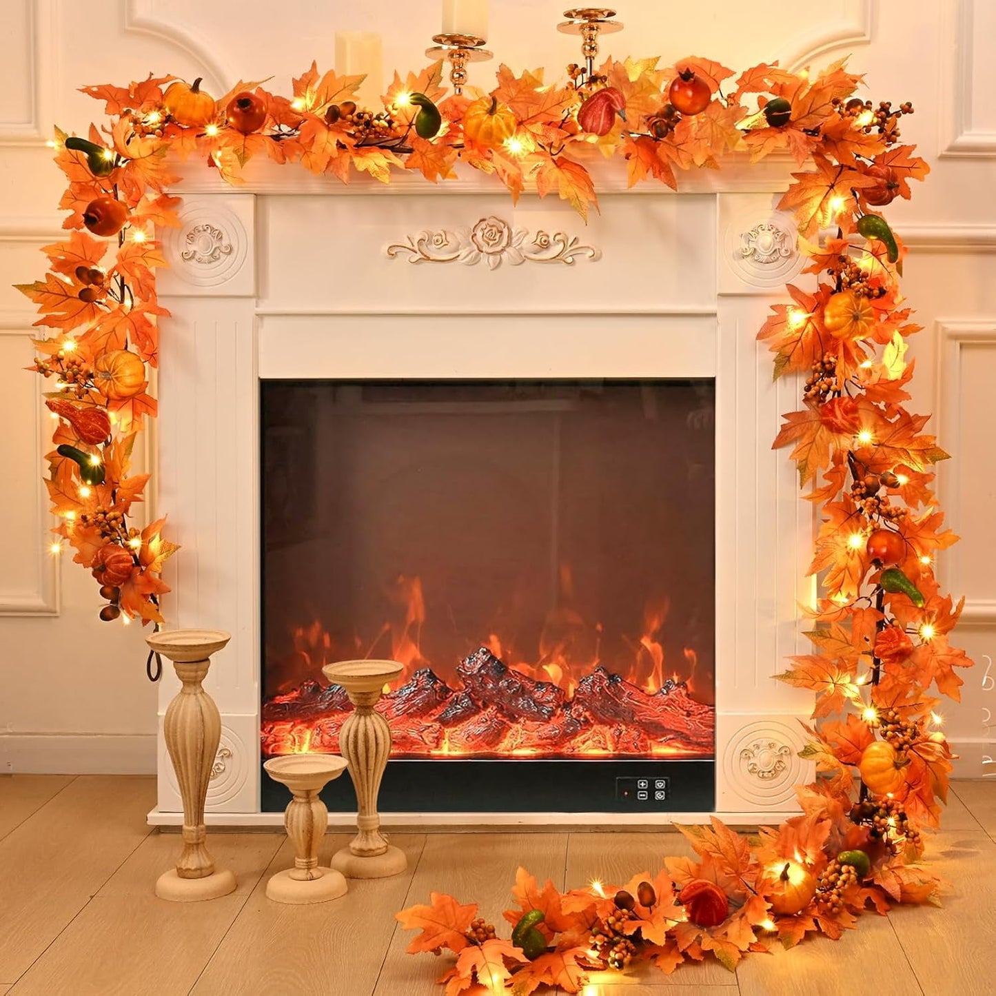 Waipfaru Fall Garland with Lights,6ft Maple Leaf Garland with Pumpkins, Berries&LED Lights,Battery Operated Thanksgiving Garland for Mantel, Fireplace, Tabletop