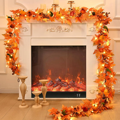Waipfaru Fall Garland with Lights,6ft Maple Leaf Garland with Pumpkins, Berries&LED Lights,Battery Operated Thanksgiving Garland for Mantel, Fireplace, Tabletop
