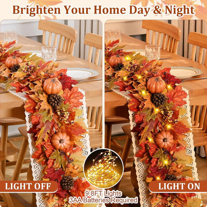 Waipfaru 6ft Fall Garland for Mantle, Lighted Fall Leaves Garland with Pumpkins Maple Leaves Pine Cones for Home Thanksgiving Fall Decoration