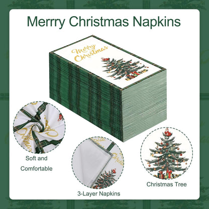 Waipfaru 100 PCS Christmas Tree Paper Napkins Buffalo Plaid Disposable Napkins Christmas Party Supplies Serve 50
